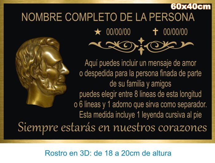 lapidas para panteon bronce rostro en 3D 60x40